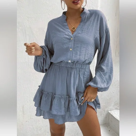 Lantern Sleeve Ruffle Hem Dress - Picture 4 of 10